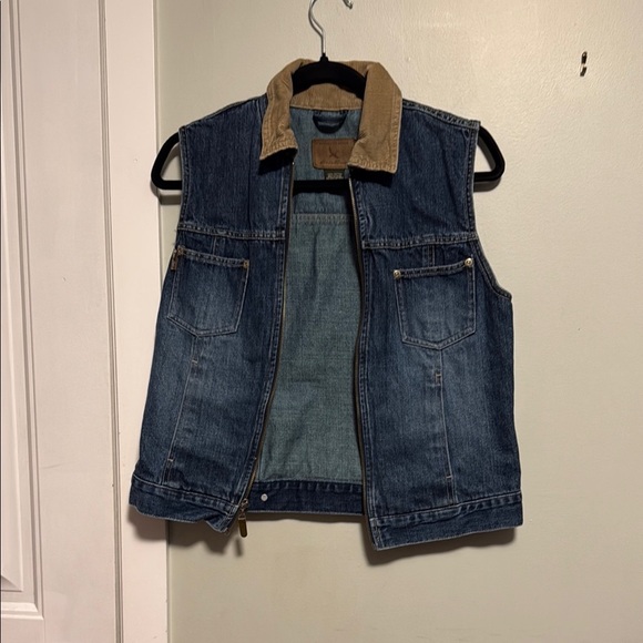 Eddie Bauer Blue Denim Vest with Brown Accents zip up XS - Picture 1 of 5